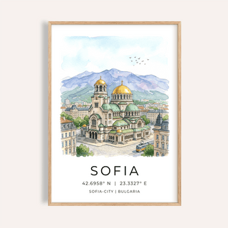 Framed Sofia City Art Print of a watercolour Alexander Nevsky Cathedral with green domes and golden tops
