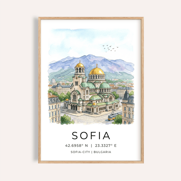 Watercolor Sofia cathedral poster with mountains and coordinate text