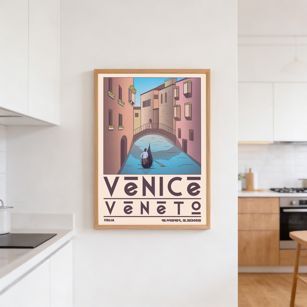 Architectural facade print poster with repeated windows and planter boxes above canal