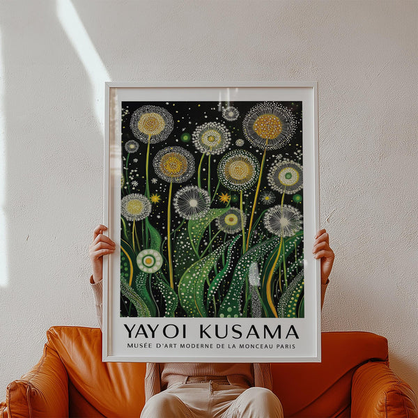 Botanical wall art print with swirling grass and blooming dandelions.