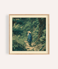 Framed view of Hasui Kawase vintage woodblock style print poster showing traveler on forest path