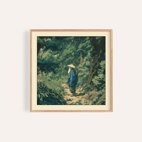 Framed view of Hasui Kawase vintage woodblock style print poster showing traveler on forest path