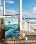 Modern Lighthouse Art poster featuring Blue waves, Pink lighthouse, Green hillside