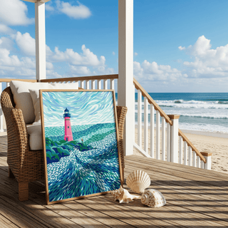 Modern Lighthouse Art poster featuring Blue waves, Pink lighthouse, Green hillside