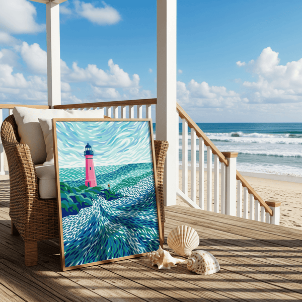 Modern Lighthouse Art poster featuring Blue waves, Pink lighthouse, Green hillside