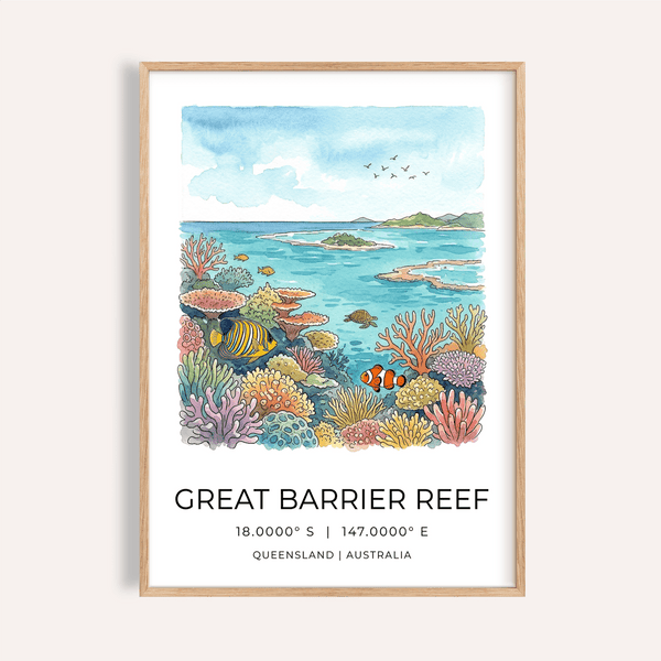 Watercolor Great Barrier Reef Art Print poster with coral and fish