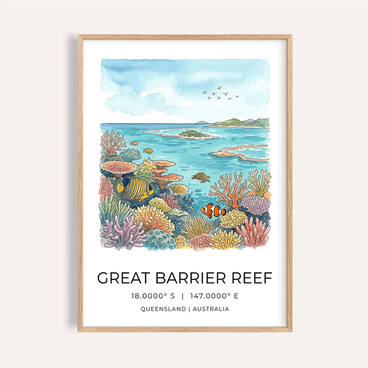 Watercolor Great Barrier Reef Art Print poster with coral and fish
