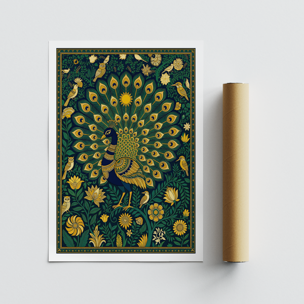 Stylized bird artwork with fine linework and patterned background