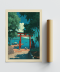 Japanese-inspired landscape poster with torii gate, trees, and bay view