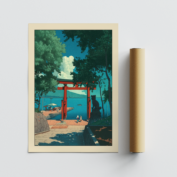 Japanese-inspired landscape poster with torii gate, trees, and bay view