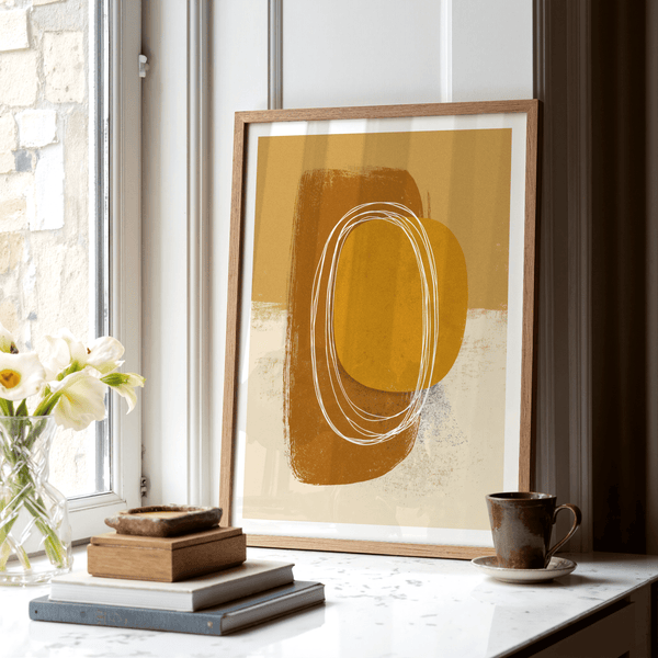 Neutral abstract print featuring stacked rounded shapes