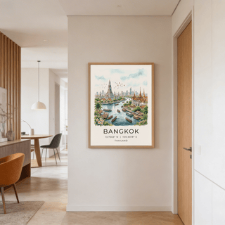Architectural Bangkok City Art Print depicting temple rooftops and modern buildings