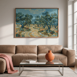 Olive Tree Landscape Print featuring Green, Beige, and Blue for office poster