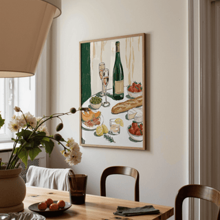 Food and Wine Art Print with olives, wine, and cheese for dining room feature