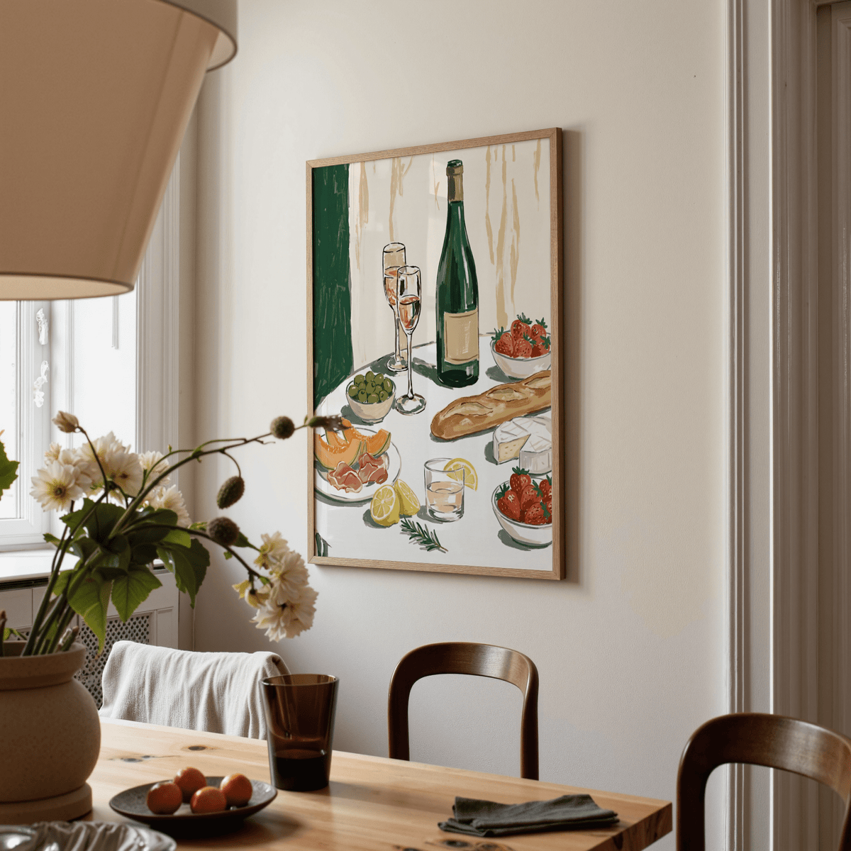 Food and Wine Art Print with olives, wine, and cheese for dining room feature