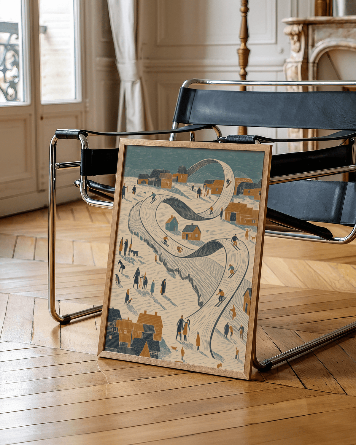 Snow Scene Wall Art featuring blue and orange village for hallway wall art