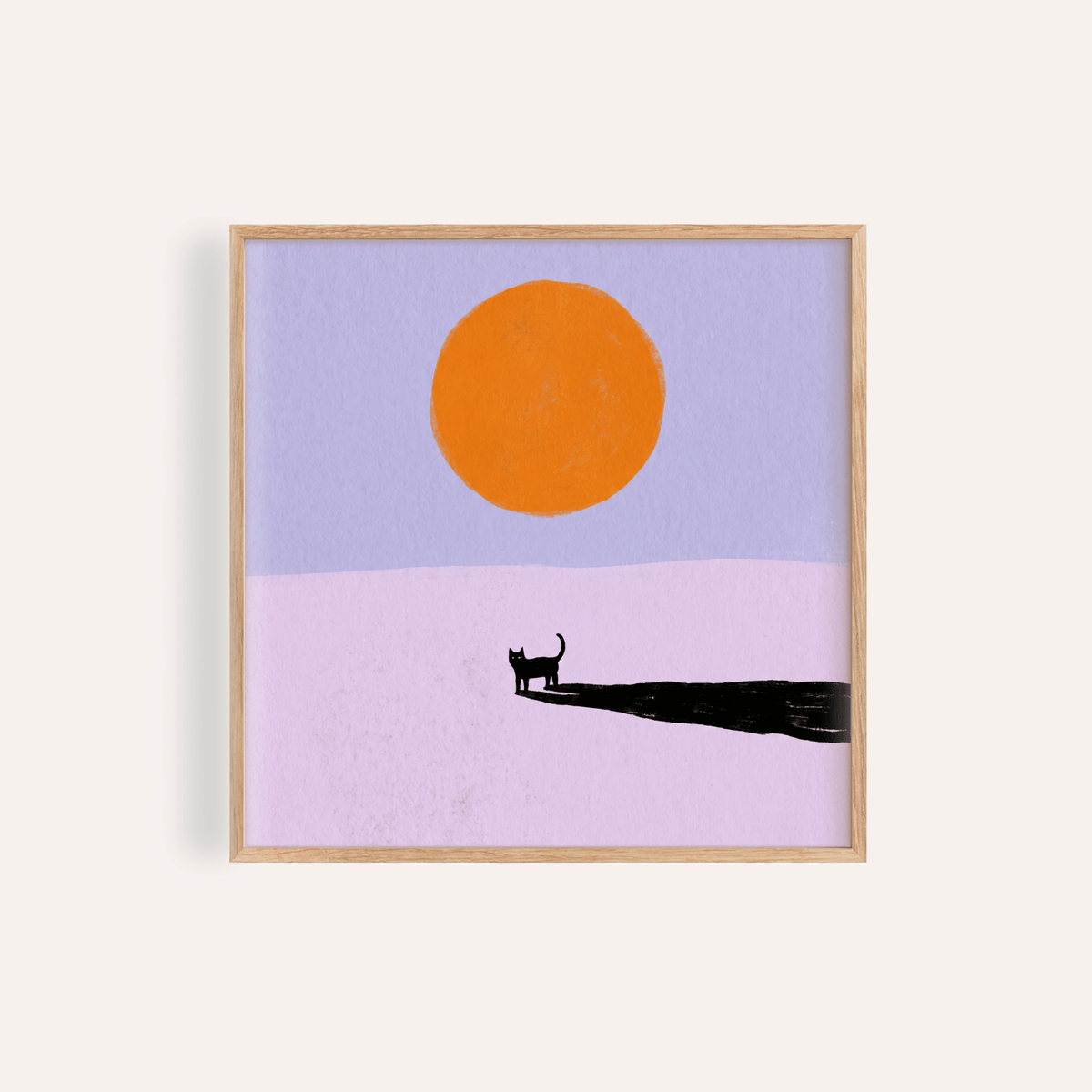 Above a black cat silhouette, this Minimalist Cat Art Print poster shows a large orange sun and long shadow on purple ground