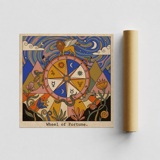 Detail view of Wheel of Fortune Tarot Card Art poster featuring the winged lion atop the wheel