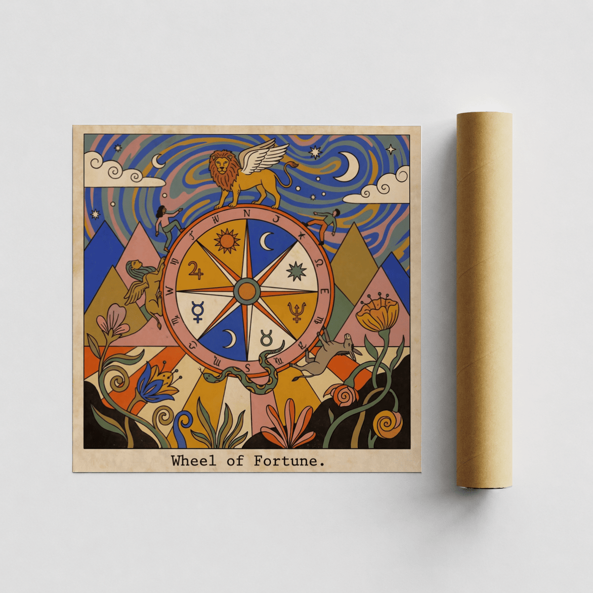 Detail view of Wheel of Fortune Tarot Card Art poster featuring the winged lion atop the wheel