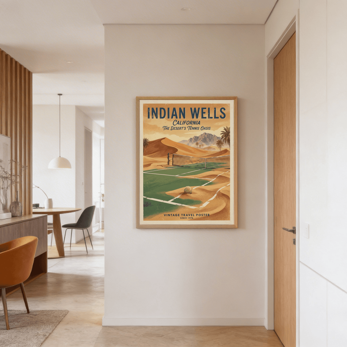 Capturing a tennis travel poster print with a foreground ball on the court and distant mountain ridge