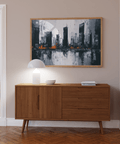 Abstract City Wall Art, Black skyline lines with Orange pop for den wall art