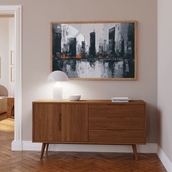 Abstract City Wall Art, Black skyline lines with Orange pop for den wall art