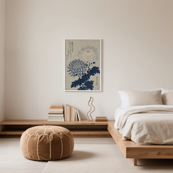 Chrysanthemum Art Print featuring Blue, Gray, and White tones for bedroom decor