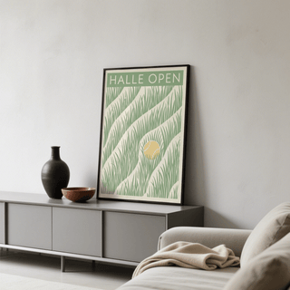 Modern sports illustration with bold green and beige grass pattern