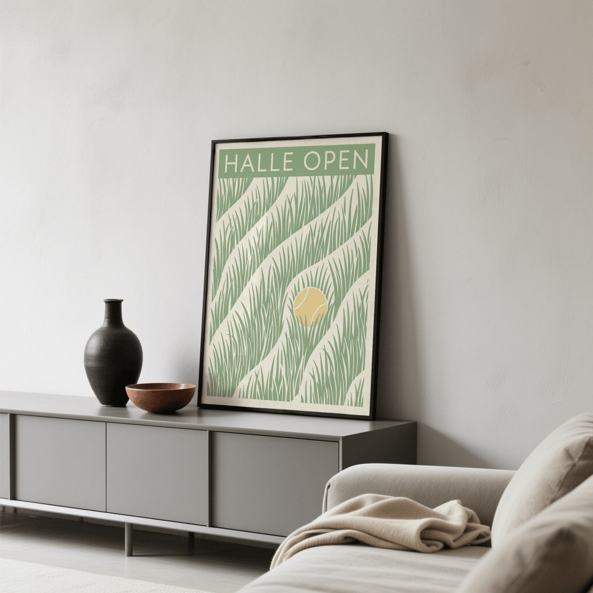Modern sports illustration with bold green and beige grass pattern