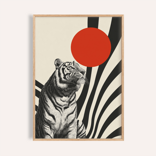 Modern Tiger Poster with red, black, and beige for living room wall art