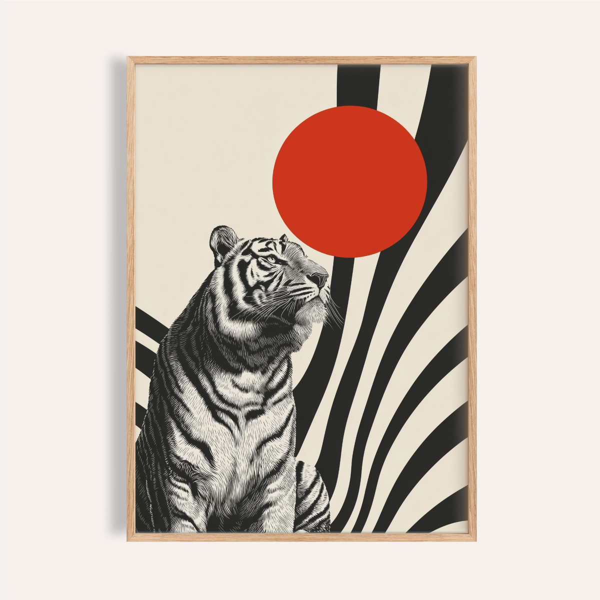 Modern Tiger Poster with red, black, and beige for living room wall art