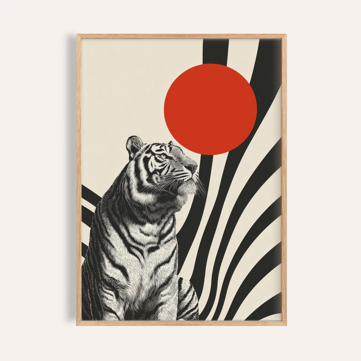 Modern Tiger Poster with red, black, and beige for living room wall art