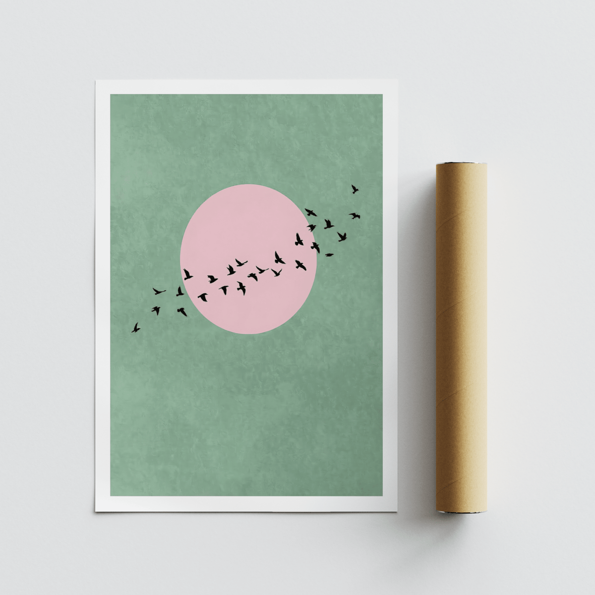 Graphic poster of birds in flight crossing a round sun on textured background