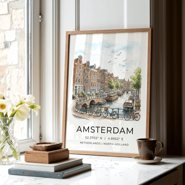 City travel poster print showing canal boats, trees, and Amsterdam lettering