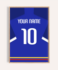Featuring a blue football shirt poster with YOUR NAME text and number 10