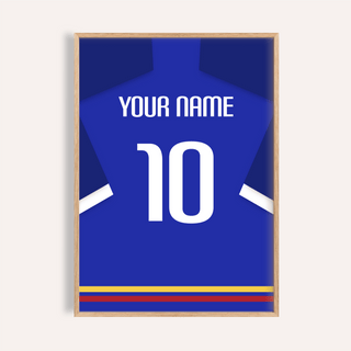 Featuring a blue football shirt poster with YOUR NAME text and number 10
