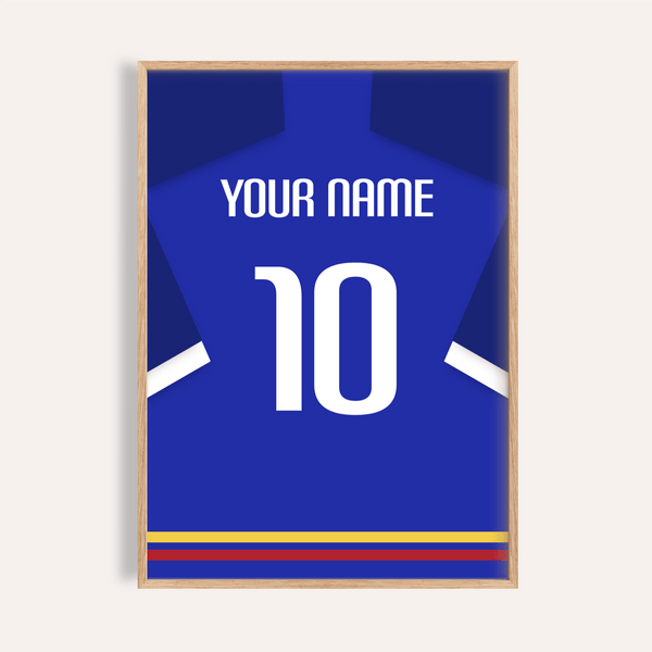 Featuring a blue football shirt poster with YOUR NAME text and number 10