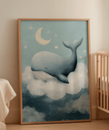 Whale Nursery Wall Art for kids’ space, blue and white, art print