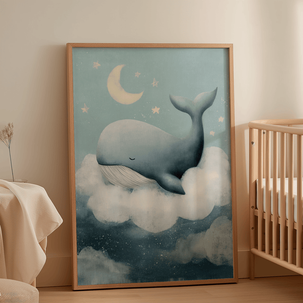 Whale Nursery Wall Art for kids’ space, blue and white, art print