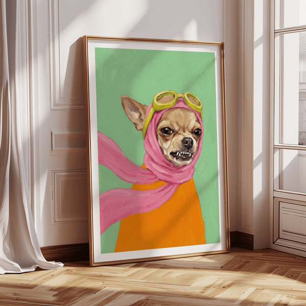 Funny Dog Art print styled with Green background for home office