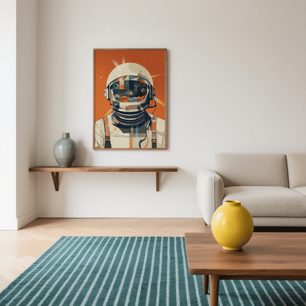 Astronaut Poster vivid orange, blue, and beige for study wall art