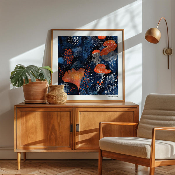 Abstract botanical print for living room with dotted textures and coral stems.