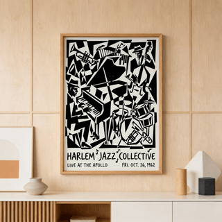Cubist-inspired Harlem Jazz Print showing trumpet player, pianist, and bassist in black and white