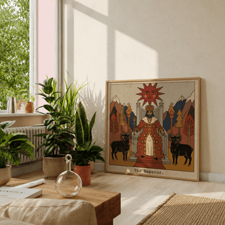 Decorative wall print with emperor on throne beneath a radiant sun face