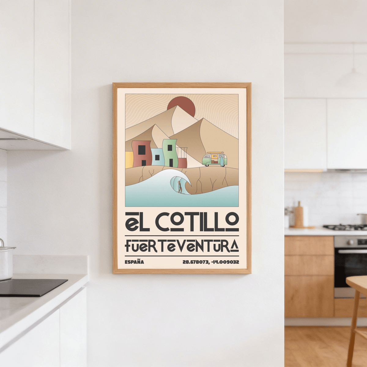 Minimal travel poster print showing a camper van parked by the coast with a surfboard on top