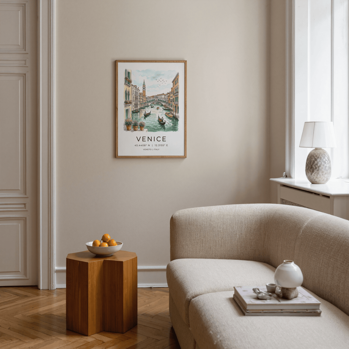 Venice Canal Art Print with bell tower and canal reflections