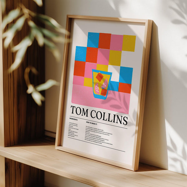 Fun and playful wall print of a Tom Collins drink with red and yellow cubes.
