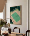 Modern Tennis Court Wall Art poster showing overhead court perspective and simplified players