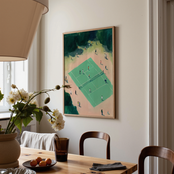 Modern Tennis Court Wall Art poster showing overhead court perspective and simplified players