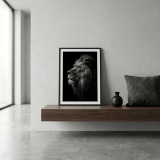 Wild lion portrait wall art print with focused eye and whiskers